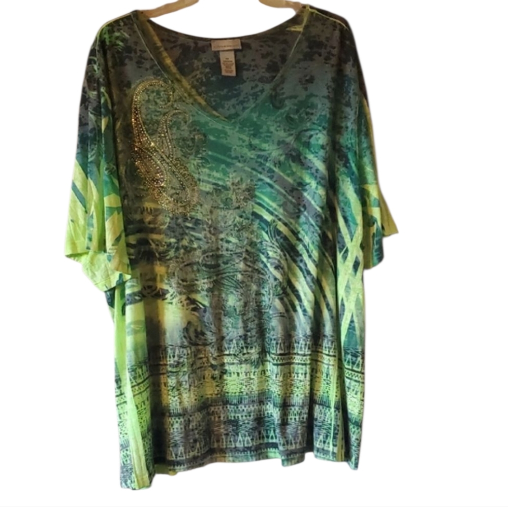 Catherines Blue and Green Tunic Top V-neck Sequins 4X